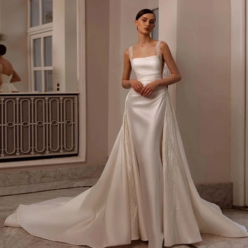Stain Mermaid Wedding Dress Spaghetti Pleats Square Lace Pearls Zipper With Detachable Plus Size Robes De Mariee Vestidos De Custom Made