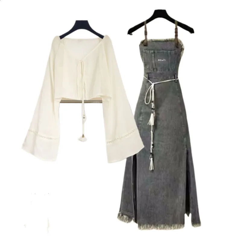Spring/Summer Womens Set Korean Style Western Sunscreen Top Slimming Versatile Cow Strap Skirt Two Piece Set 240823