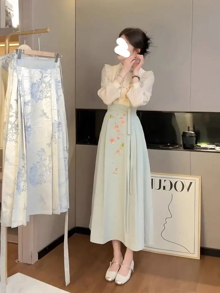 Chinese Style Improved Hanfu Women Horse Face Skirt Set Long Sleeve Blouses High Waist Skirt Two Piece Sets Women Outfits 240823