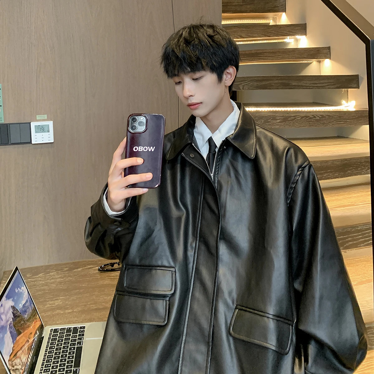 Autumn Men PU Motorcycle Jackets Zipper Windproof Handsome Vintage Turn Down Collar Coats Harajuku Loose Outerwear Homme M-5XL 240822