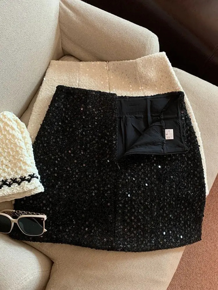 High waist slim girls wrap buttocks short black sequin skirt Aline small perfume thick tweed retro Faldas 240822