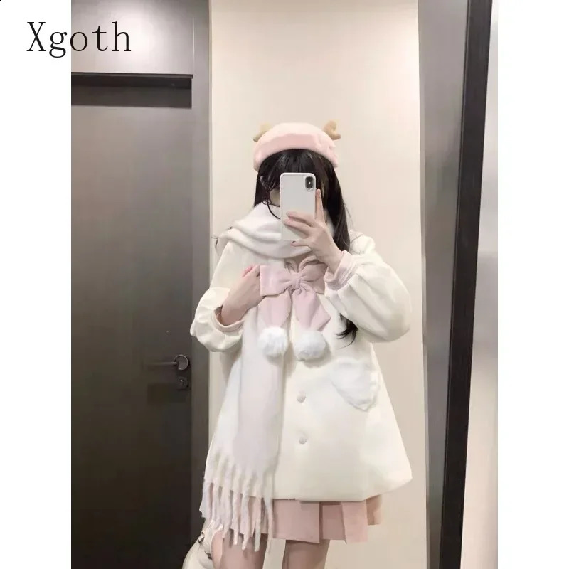 Womens Coats Contrast Sailor Collar Bow Single Breasted Heart Pocket Sweet Age Reduction Versatile Woolen Coat Ladies Clothing 240822
