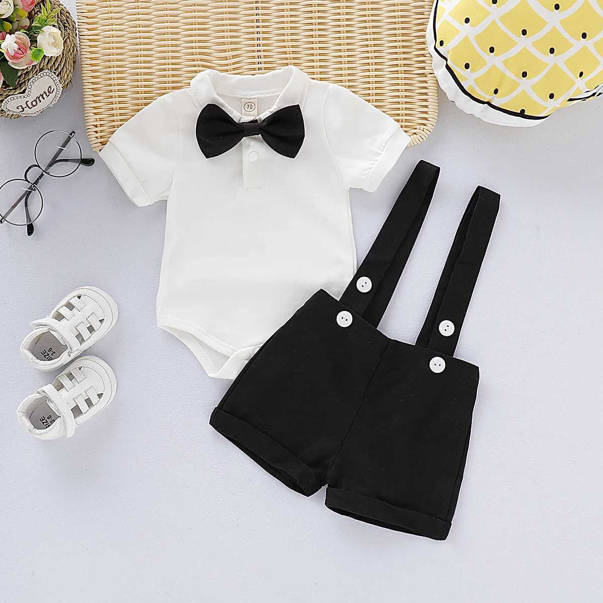 Mini Gentleman Outfit Newborn Baby Boy Formal Costumes Short Sleeve Shirt With Bow + Romper Short Pants Summer Fashion 2 Pcs Set W250218