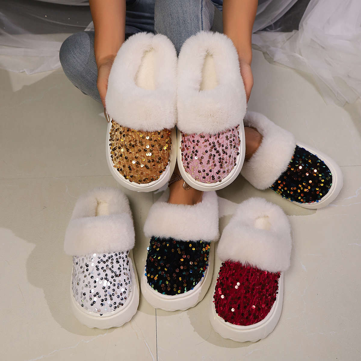 Fashion furry cotton slippers women 2024 European American winter Warm new ladies with colored sequins home thick-soled plush slippers factory wholesa