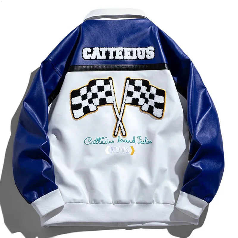 Mens PU Leather Motorcycle Jacket Hip Hop Flocked Embroidery Windproof Bomber Jackets Fashion Oversize Coat Couple Streetwear 240822