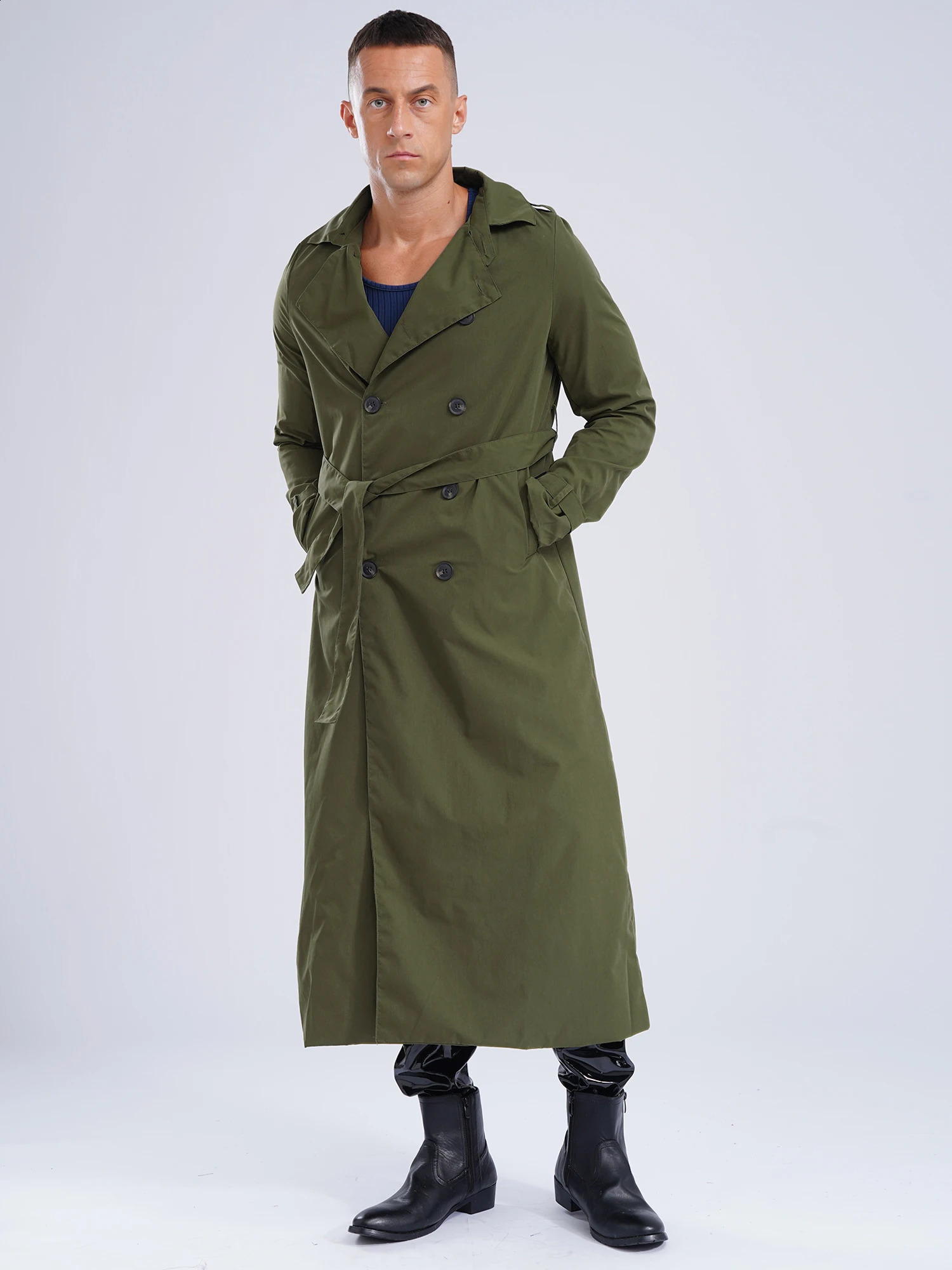 men Motorcycle long jacket double-breasted trench coat Outerwear daily casual wear Long Sleeve Jacket Overcoat with Belt 240822