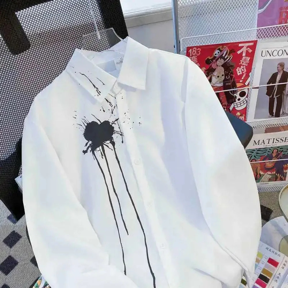 Mens Shirt Ink Splatter Printed Long Sleeved Shirt Summer Casual Versatile Moisture Wicking Korean Style Top Mens Clothing 240822