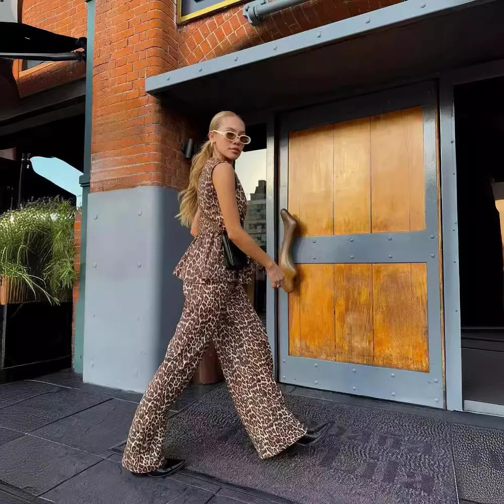 2024 Summer Product Womens Clothing Animal Pattern Printed Lace Up Sleeveless Spicy Tank Top Straight Pants Set Y2k 240813