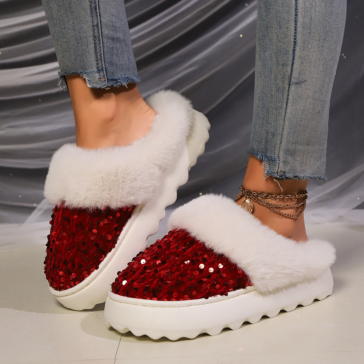 Fashion furry cotton slippers women 2024 European American winter Warm new ladies with colored sequins home thick-soled plush slippers factory wholesa