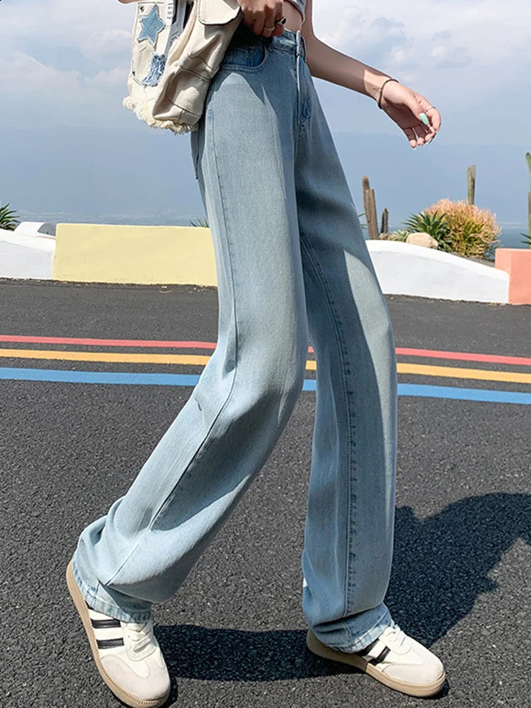 Womens high waisted retro nostalgic thin Trouser womens Tencel cotton loose wash denim jeans blue wide leg pants 240823
