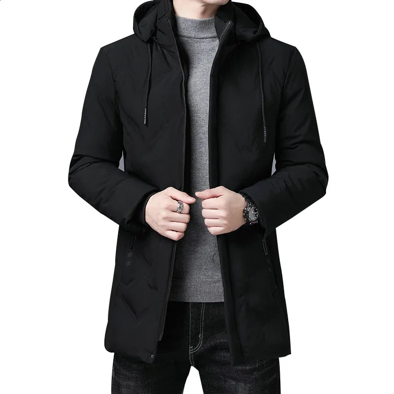 Fashion Men Long Parkas Coat Solid Slim Fit Warm Thicken Jacket Outwear Windproof Hooded Cottonpadded Zipper Windbreaker 241126