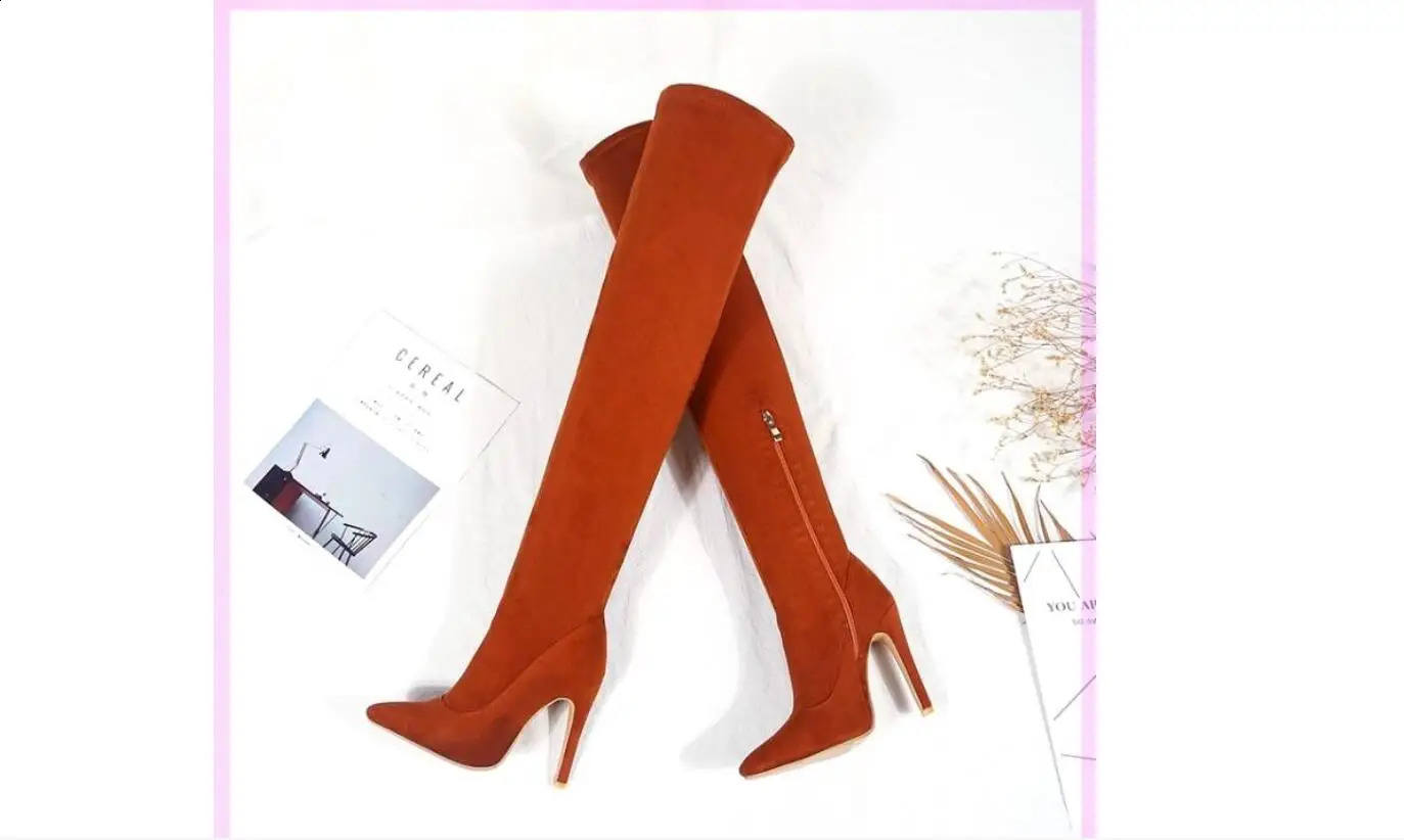 Womens elastic fabric high knee boots patent leather high knee boots womens waterproof red party comfortable boots womens shoes 240823