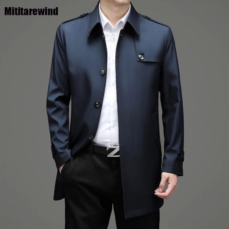 Classic Fashion Trench Coats Men Business Casual Mid-long Windbreaker Lapel Khaki Long Coat for Men Simple Mens Jackets M-4XL 240822