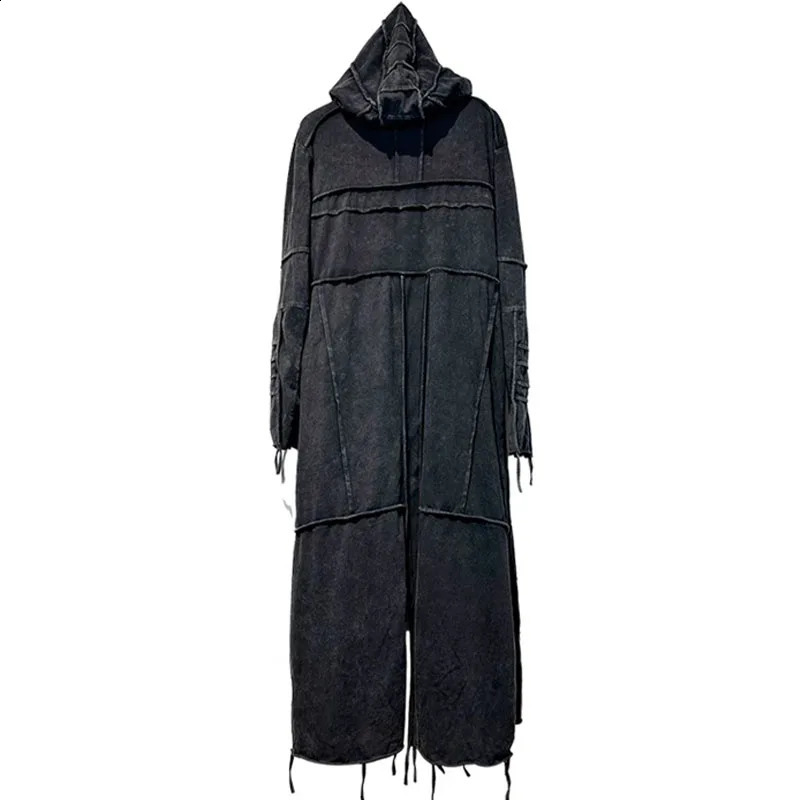 Vintage Mens Distressed Hooded Cape Hanging Vertical Cut Long Windbreaker Darkwear Gothic Style T-shirt Coat for Male 240822