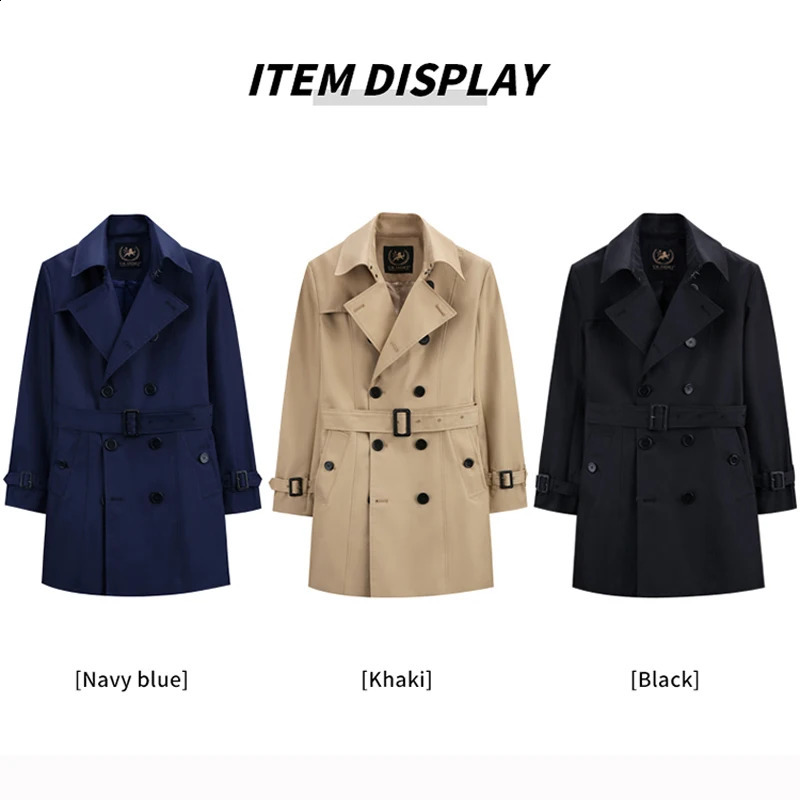 Mid to long trench coat mens spring and autumn product double breasted khaki cotton polyester custom windbreaker jacket men 240822