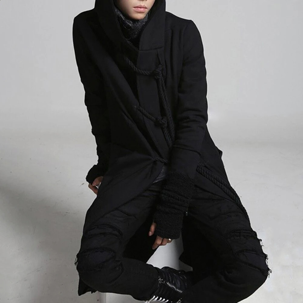 Mens Trench Coat Korean Style Dark Style Autumn And Winter Handsome Windbreaker Hip-Hop Mid-Length Trendy Mens Hooded Sweatshirt 240822