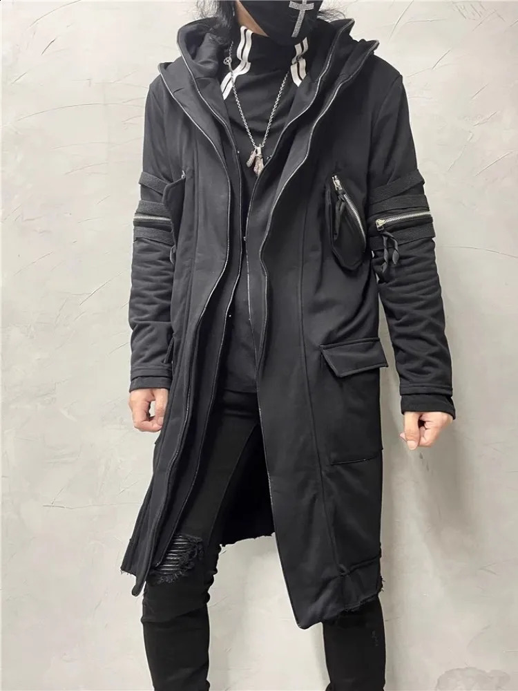 Gothic Black Medium Length Hooded Trench Men Japanese Style High Street Multi Zipper Casual Long Coat Spliced Cloak Wndbreakers 240822