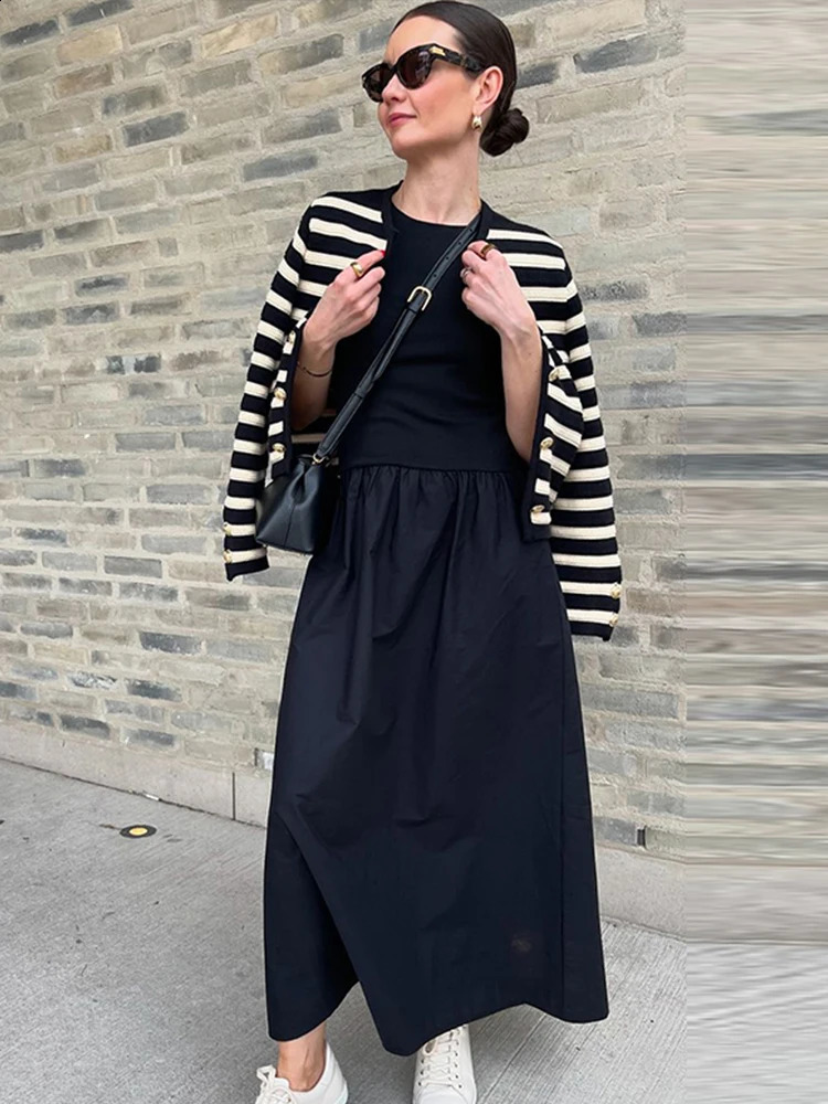 Loose Patchwork Pleated Long Dress Women Slim O-neck Sleeveless Female Empire Dresses Autumn Fashion Lady Holiday Robes 240822