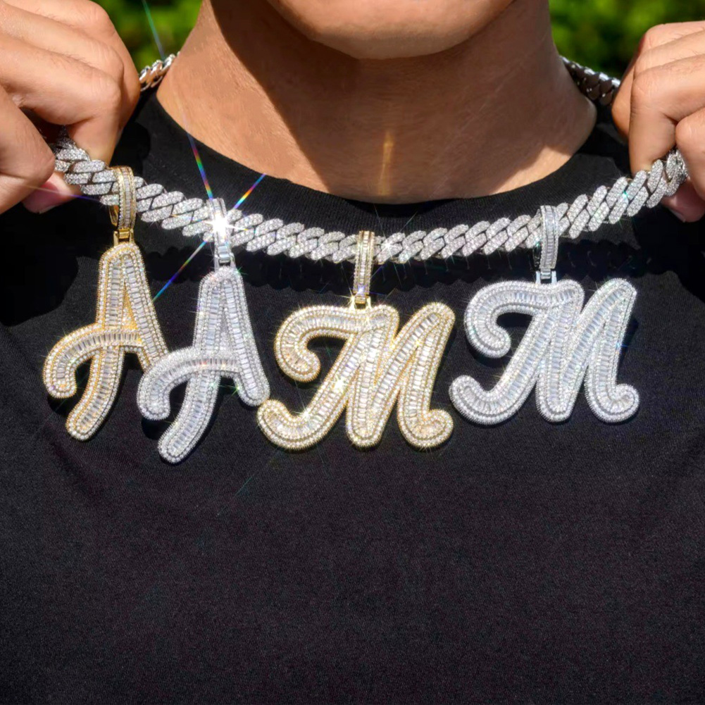 Hip Hop Custom A-Z Cursive Letters Pendant Necklace 5A T Zircon 18k Real Gold Plated Mens Jewelry