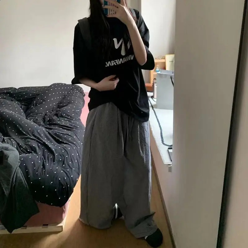 Deeptown Harajuku Striped Plaid Pants Women Korean Oversized Wide Leg Casual Trousers High Waist Summer Jogger Vintage Fashion 240822