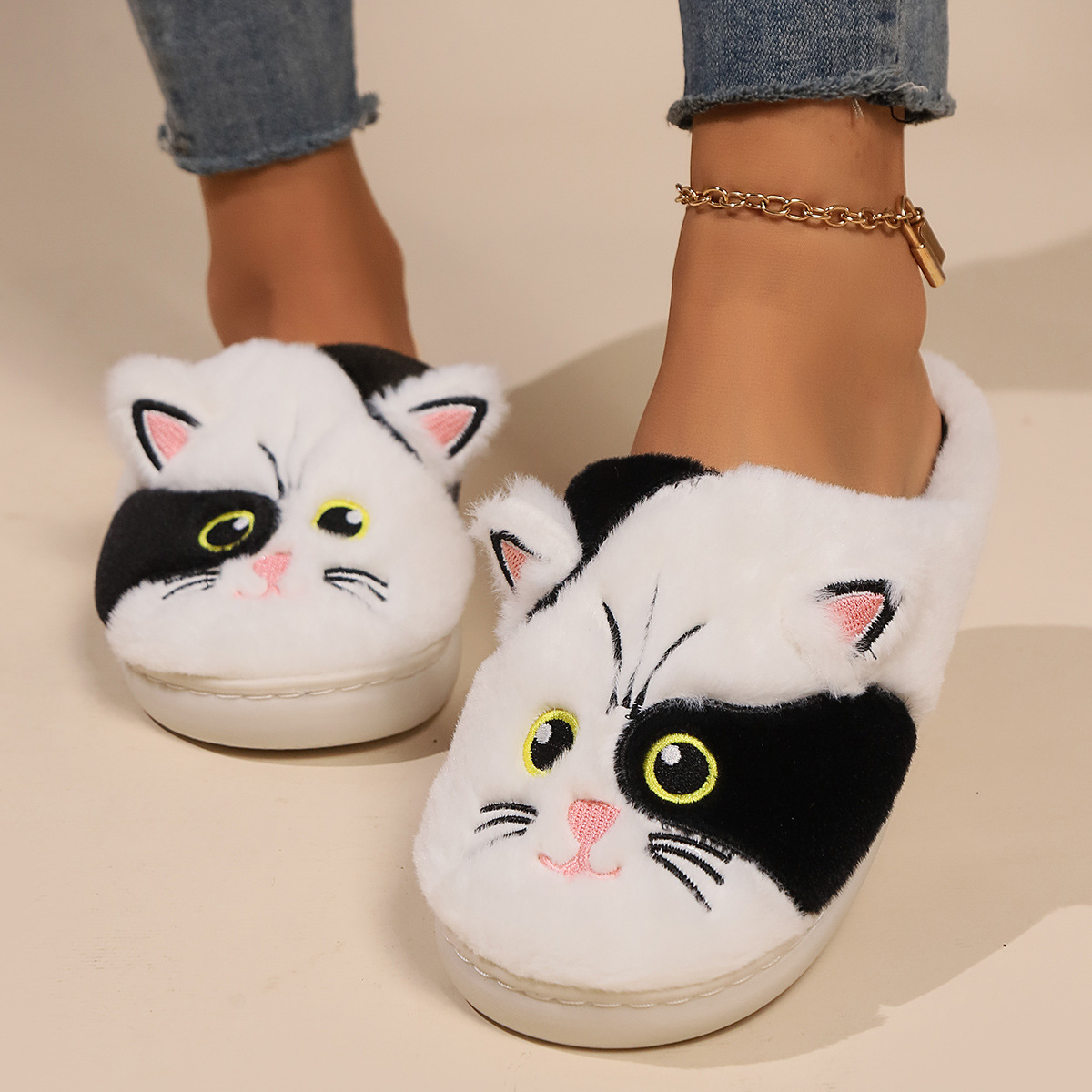 Design slippers fashion cute kitten plush slippers autumn and winter warm cotton slippers 2024 new outdoor indoor flat casual shoes warm Brown Black
