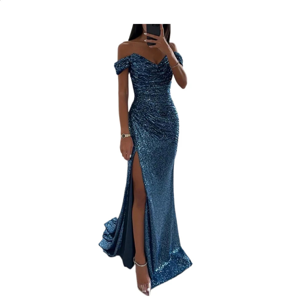 Party Womens Prom Dress Sequin Long Bodycon Maxi Dress Short Sleeve Floor Length Formal Party Sexy Dress Off Shoulder 240823