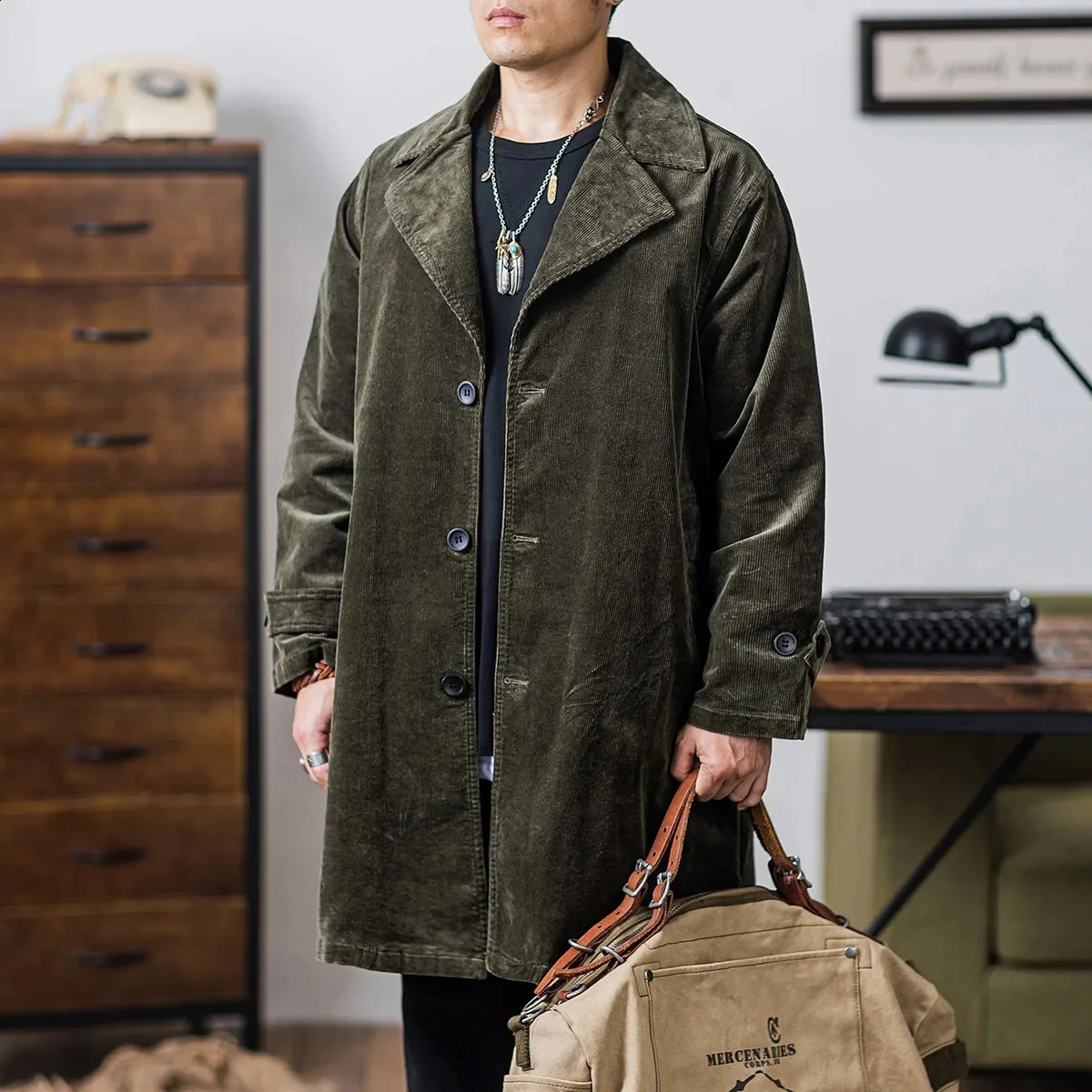 Trench Mens Coat Corduroy Green Loose Fit Mid-length Business Casual Gentlemen Jacket Autumn Winter Wear 240822