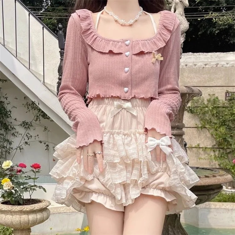 Sweet Square Collar Ruffles Long Sleeve Cardigan Coat Y2k High Waist Ruched A-line Cake Shorts Skirts Two Piece Sets 240823