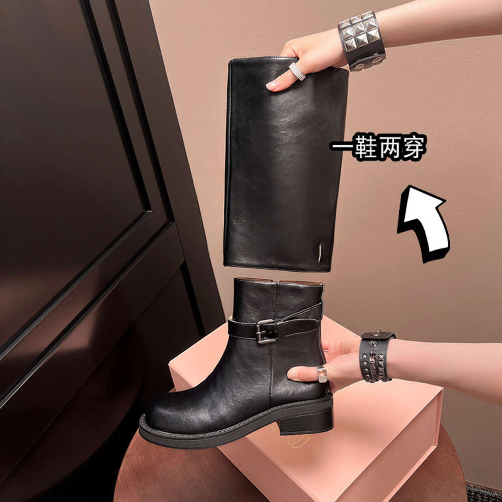Ddmysports Cowhide Version With Detachable Short Thick Heel Belt Buckle Top Knight Women S Martin Boots Knee High OUTDOOR