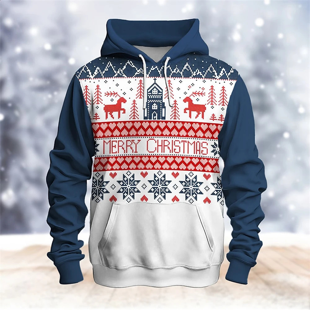 Mens Christmas Fun Elk Graphic Printed Hoodie Mens Street Casual Clothing Mens Winter Warm Hoodie Mens Fashion Crewneck Top 240823