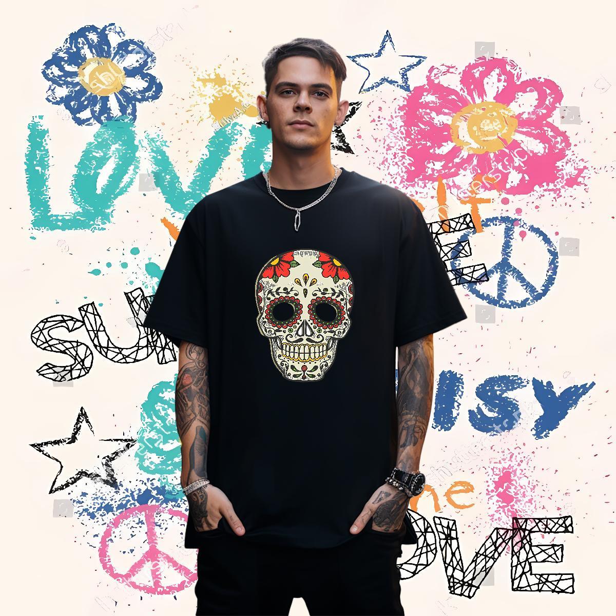 Comfortable Men T Shirts 230g 100% Cotton skull Street Floral Print O Neck Short Sleeves Tshirt for Man Woman 2024 Clothings