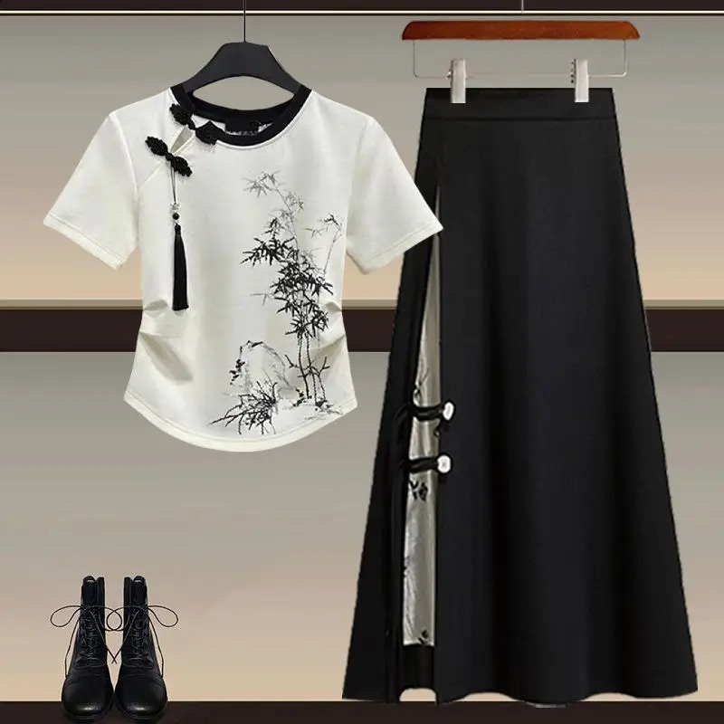 Fashionable Womens Set Improved Button Top Paired with Hanfu Horse Face Skirt Elegant Womens Two Piece Set 240823