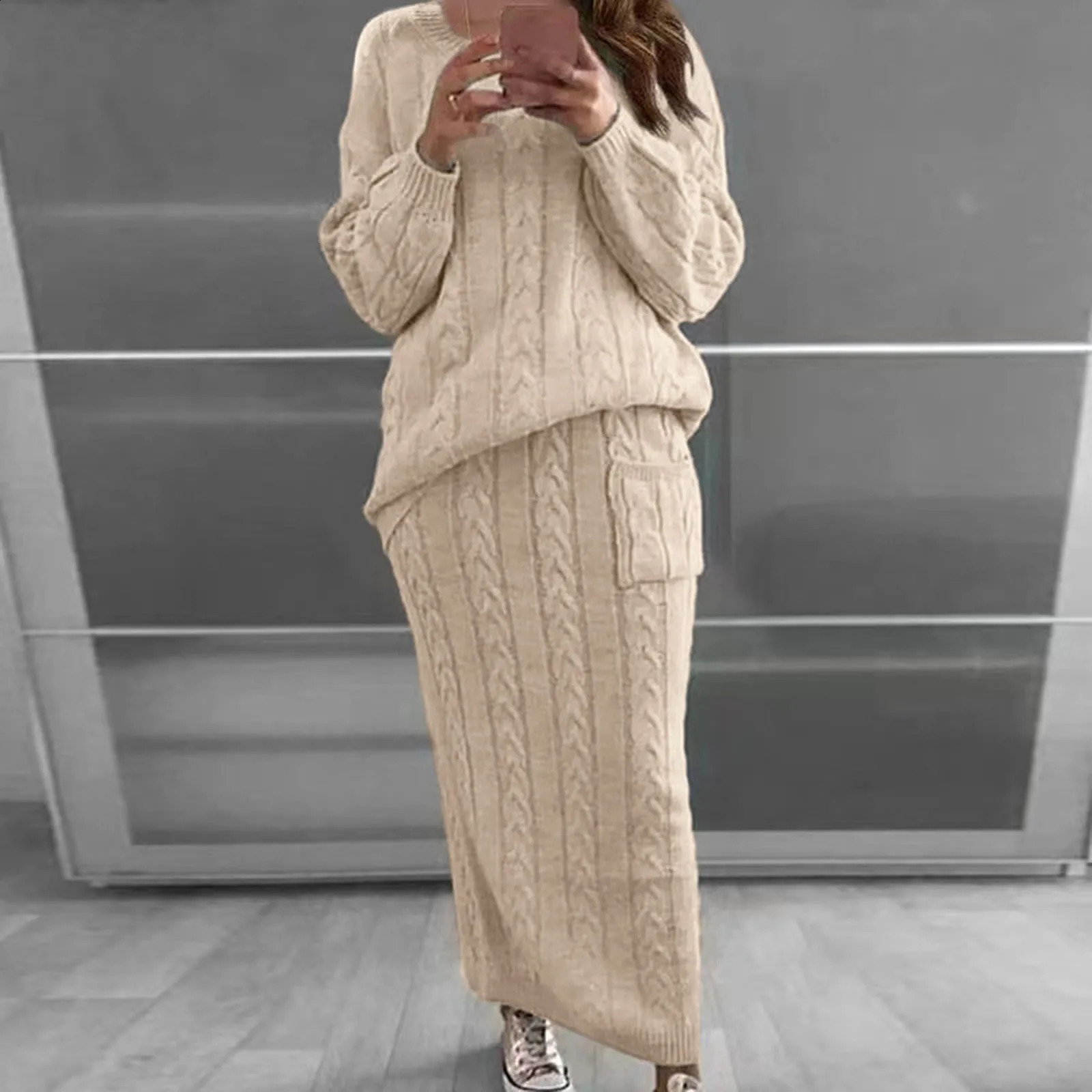 Womens Spring Loose Long Sleeve O Neck Sweater Pullover Top High Waist Elastic Women Elegant Solid Slim A-Line long Skirt Set 240823