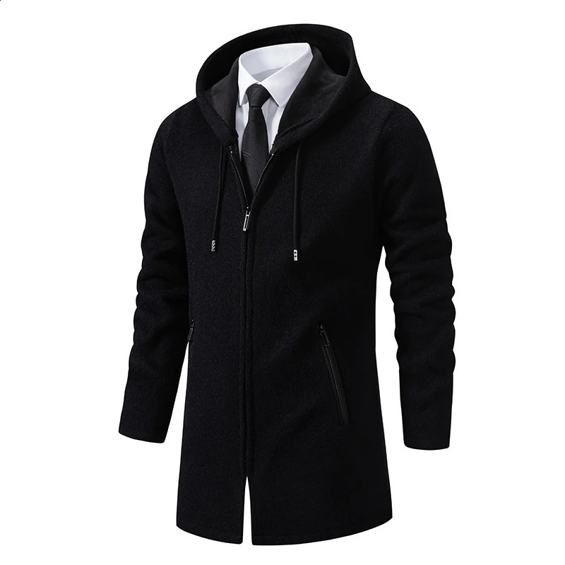 Mens Long Cardigan Full Zip Trench Coat Thick Fleece Hooded Jacket Cardigans Coats Japanese Korean Style Man Clothes 240822