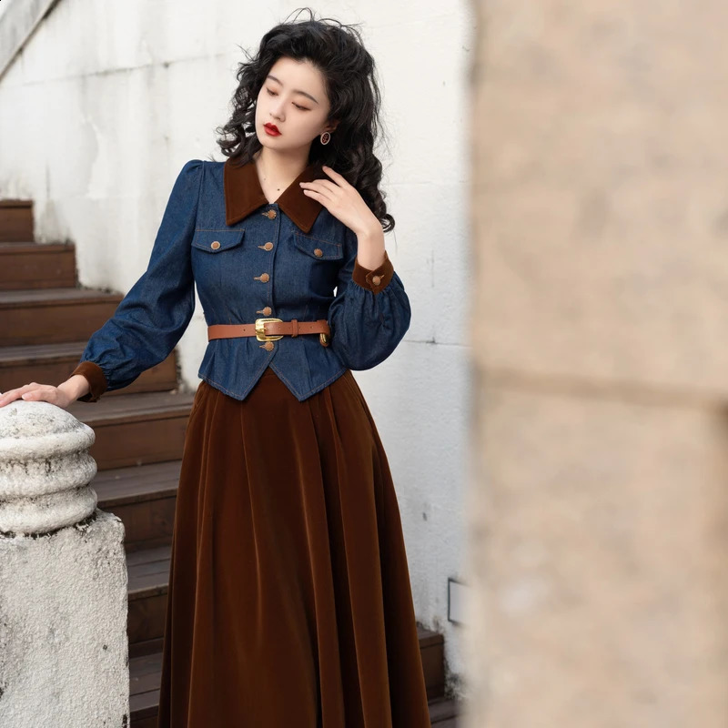Two-Piece Matching Sets for Women Velvet Skirt and Denim Jackets Coats Cropped Top Suit Casual Suits Outfits Spring Fall 240823
