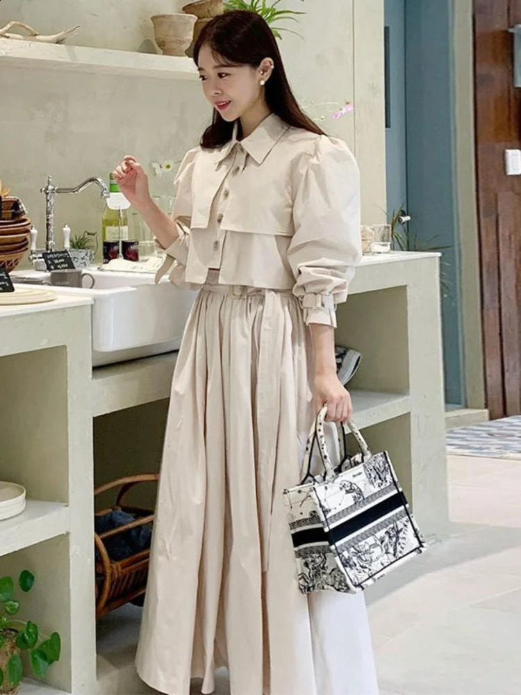 Women Simple Lapel Bubble Sleeve Shirthigh Waist Pleated Skirt Two-piece Suit Spring Summer Fashion Set M981 240823