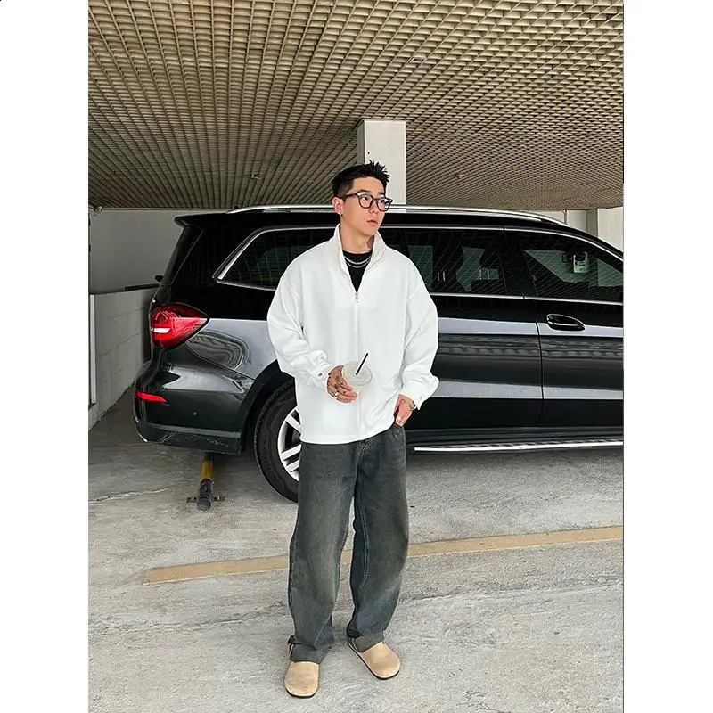 Mens twill textured fabric silhouette half-zip sweatshirt loose shoulder pullover long sleeves men clothing y2k top one piece 240823