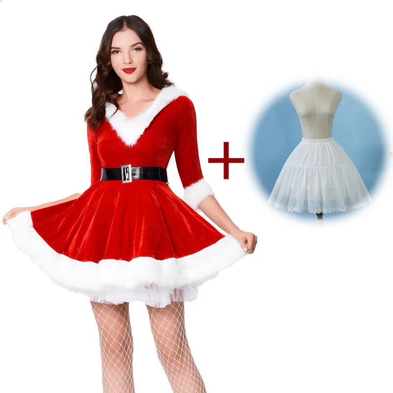 Fashion Womens Half Sleeve Solid Color Santa Claus Christmas Theme Costume Role Playing Set Belt Fancy Dress 240823