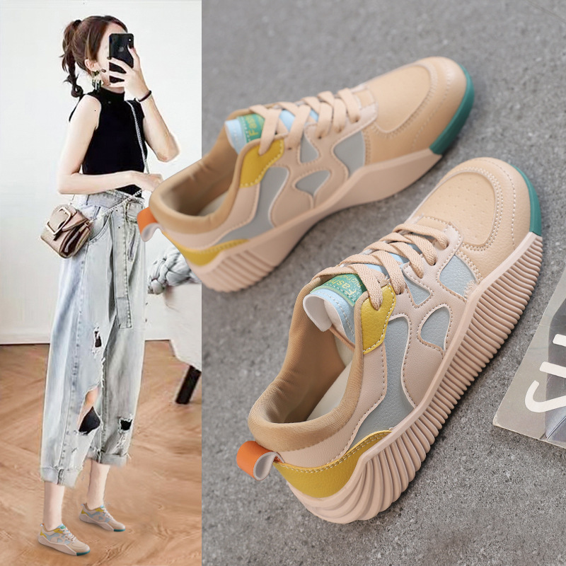 Ddmysports Leather For Women New Spring Autumn Versatile Shoes Thick Sole Splicing Personalized Sports And Leisure Leather Surface Board OUTDOOR