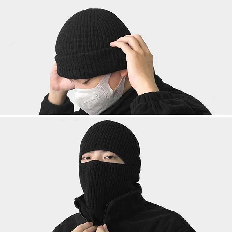 Winter Knitted Balaclava Beanie Hat Mens 2-in-1 Full Face Mask Ski Hat Tactical Riding Ear Mask Helmet W240822