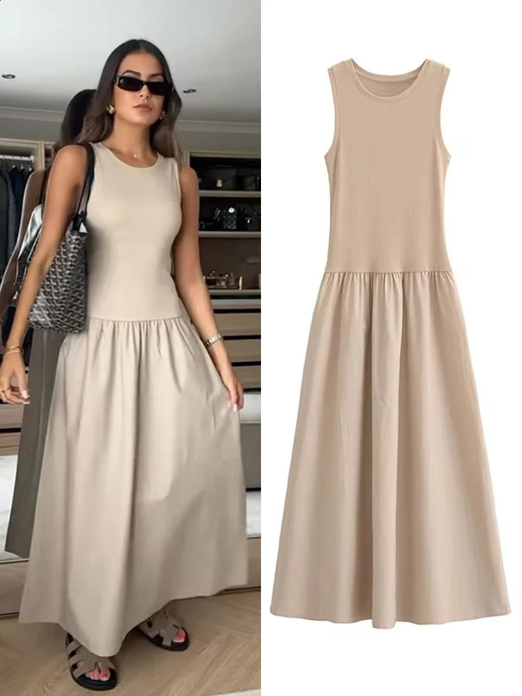 Loose Patchwork Pleated Long Dress Women Slim O-neck Sleeveless Female Empire Dresses Autumn Fashion Lady Holiday Robes 240822