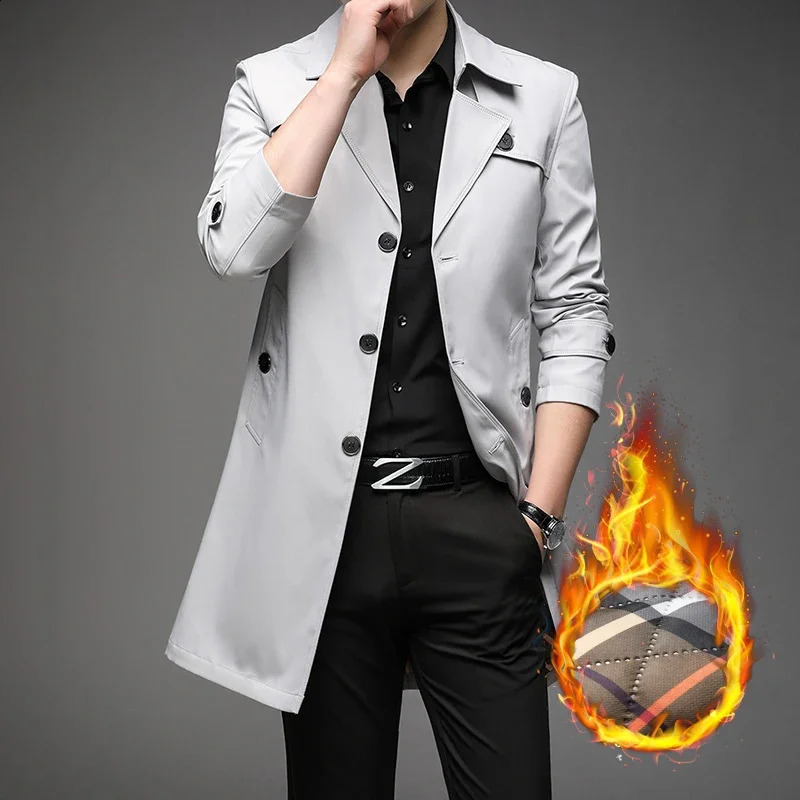 Autumn Spring Winter High Quality Medium Long Trench Coat with Cotton Thickened Mens Suit Collar Young Casual Mens Wear 240822