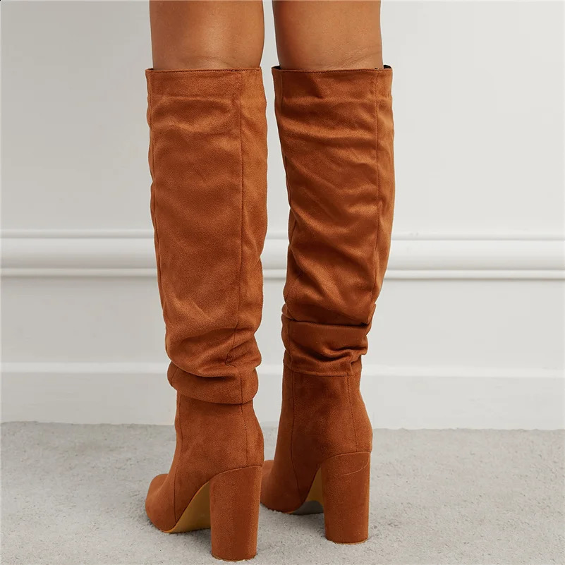 womens knee high boots 10cm high heels brown boots womens platform square heel stacked block shoe bag 240823