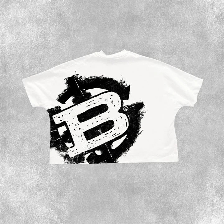 Street clothing Tshirt Y2K short sleeved top retro punk rock pattern oversized mens round neck cotton 240822