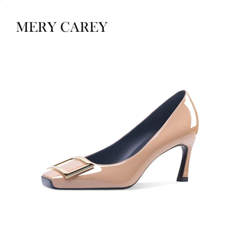 Genuine leather womens high heels 24 fashionable square toe shallow mouth metal buckle pump high-quality office black single shoes 240823