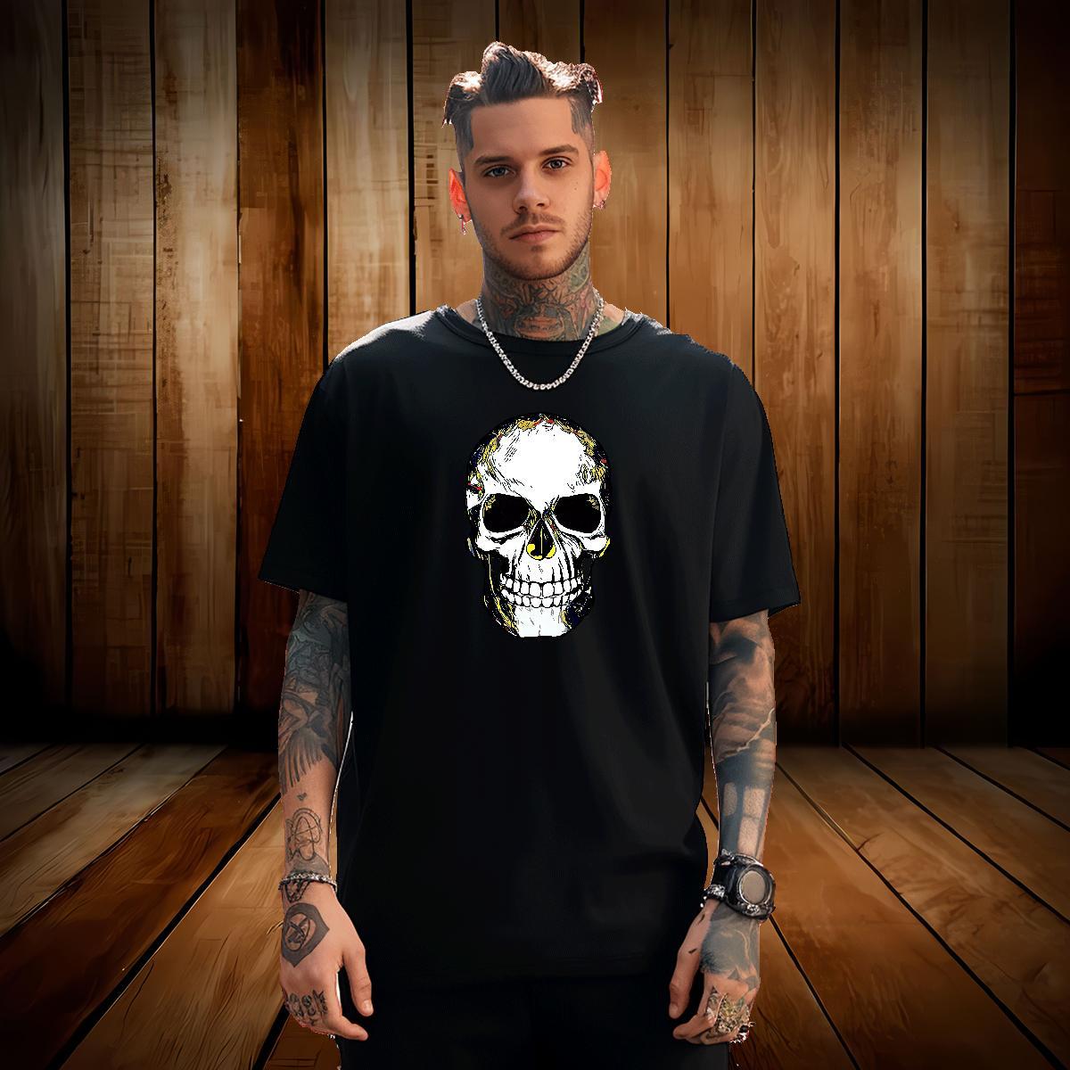 Soft Men T Shirts 230g Cotton skull High Street Hip Hop DIY Anime Short Sleeve Soft Men Tees Fashion Tops