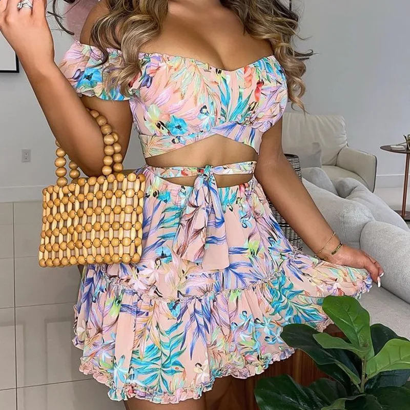 Summer Womens Clothing Floral Floral-Print off-Shoulder Short Top Skirt Suit Two-Piece Set 240823