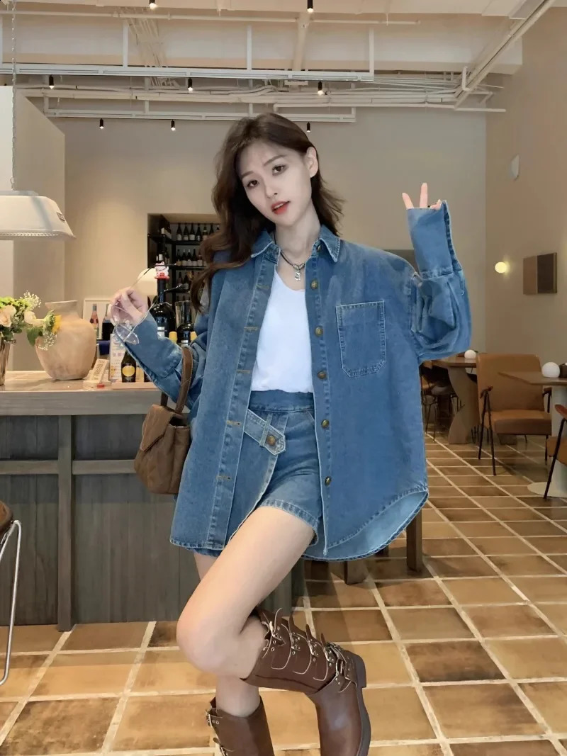 Womens Retro Personality Cow Suit Autumn Long Sleeves Buttons Denim Shirt Jacket Irregular Short Skirt Two-piece Set 240823