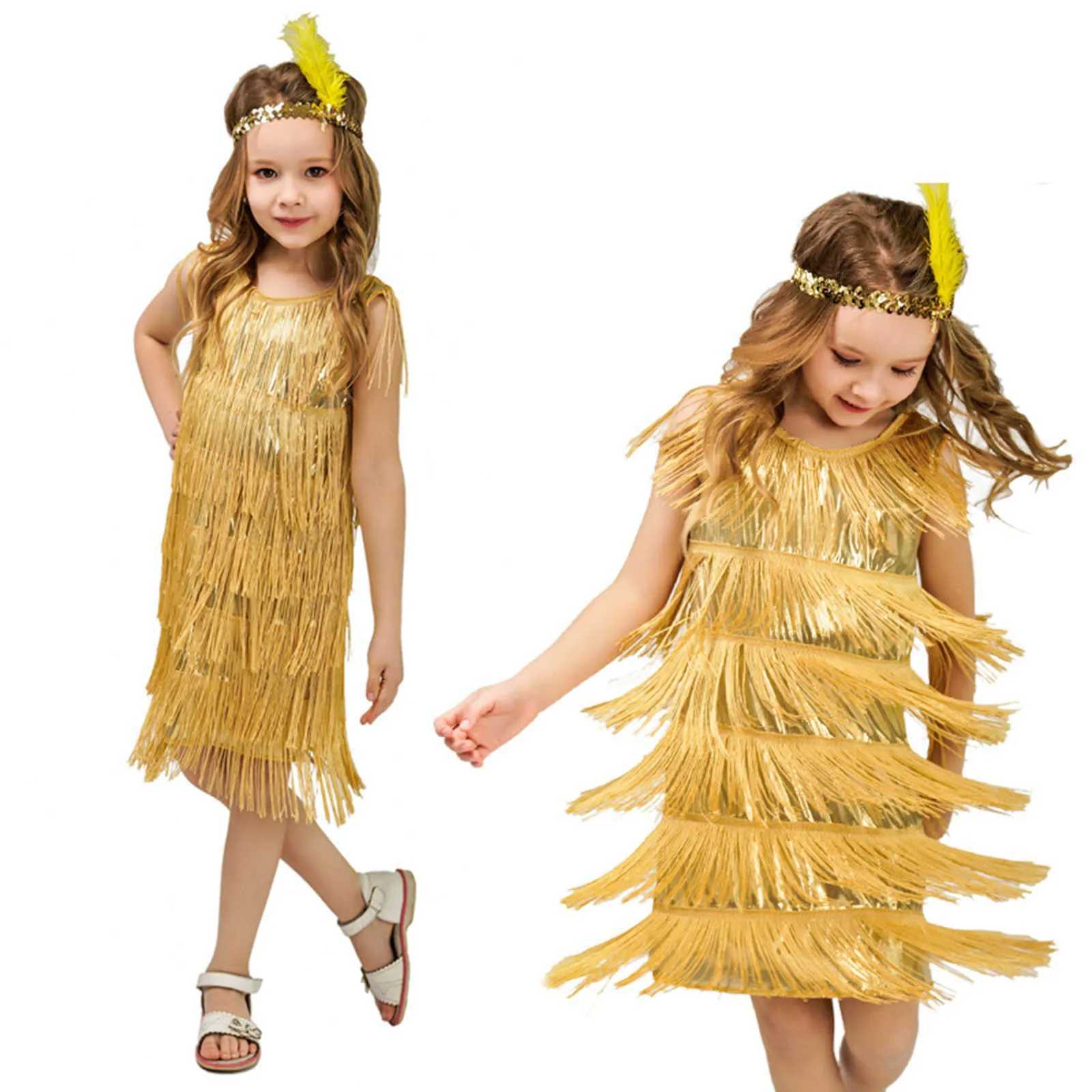 Childrens edge leather girl lapel dress sequined edge Latin dance dress tassel tango dress feather headband clothing W240823