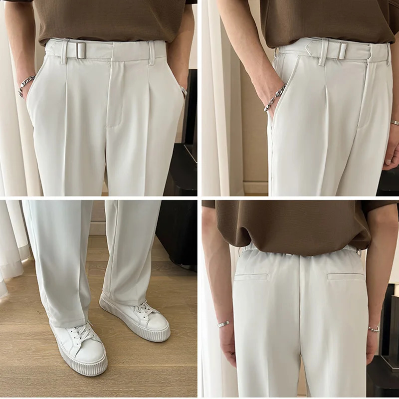 Men Korean Fashion Commuting Daily Loose Casual Vintage Classical Belt Wide Leg Suit Pants Streetwear Show Trousers 240822